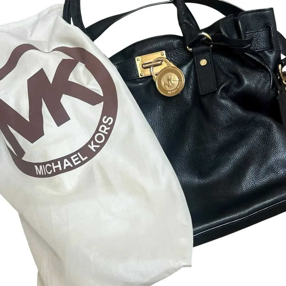 Michael Kors Black Leather Hamilton Moderne Large Satchel Bag Shoulder Tote